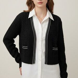 J. CREW Tipped Cable-Knit Cropped Cardigan Sweater Black White BO170